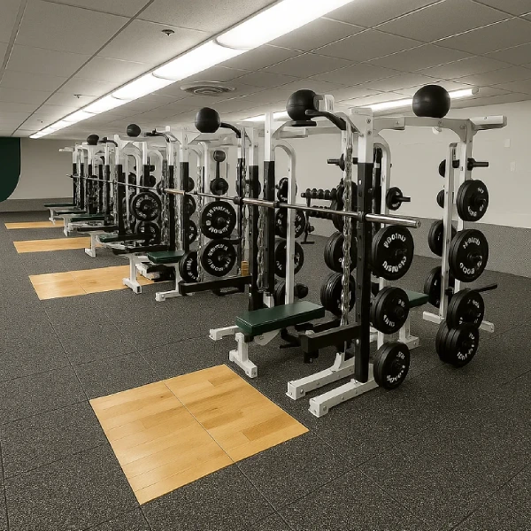 A wide-angle interior shot of a well-equipped, modern gym riyadh